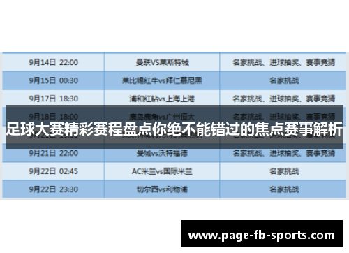 足球大赛精彩赛程盘点你绝不能错过的焦点赛事解析